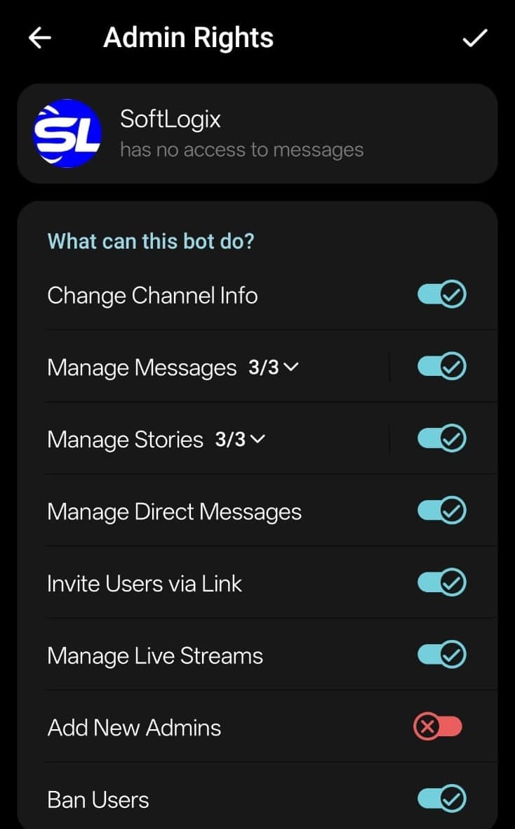 Telegram's Admin Rights permissions screen for the bot