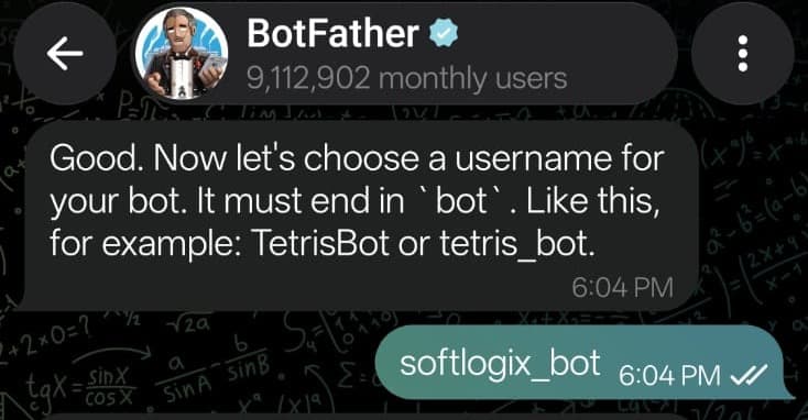 BotFather asking for a username ending in bot, replied with softlogix_bot