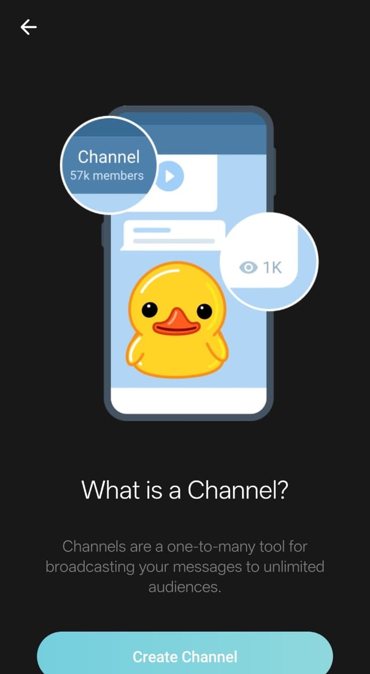 Telegram's 'What is a Channel?' intro screen with a Create Channel button