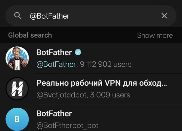 Telegram search results for @BotFather, showing the verified account above two lookalikes